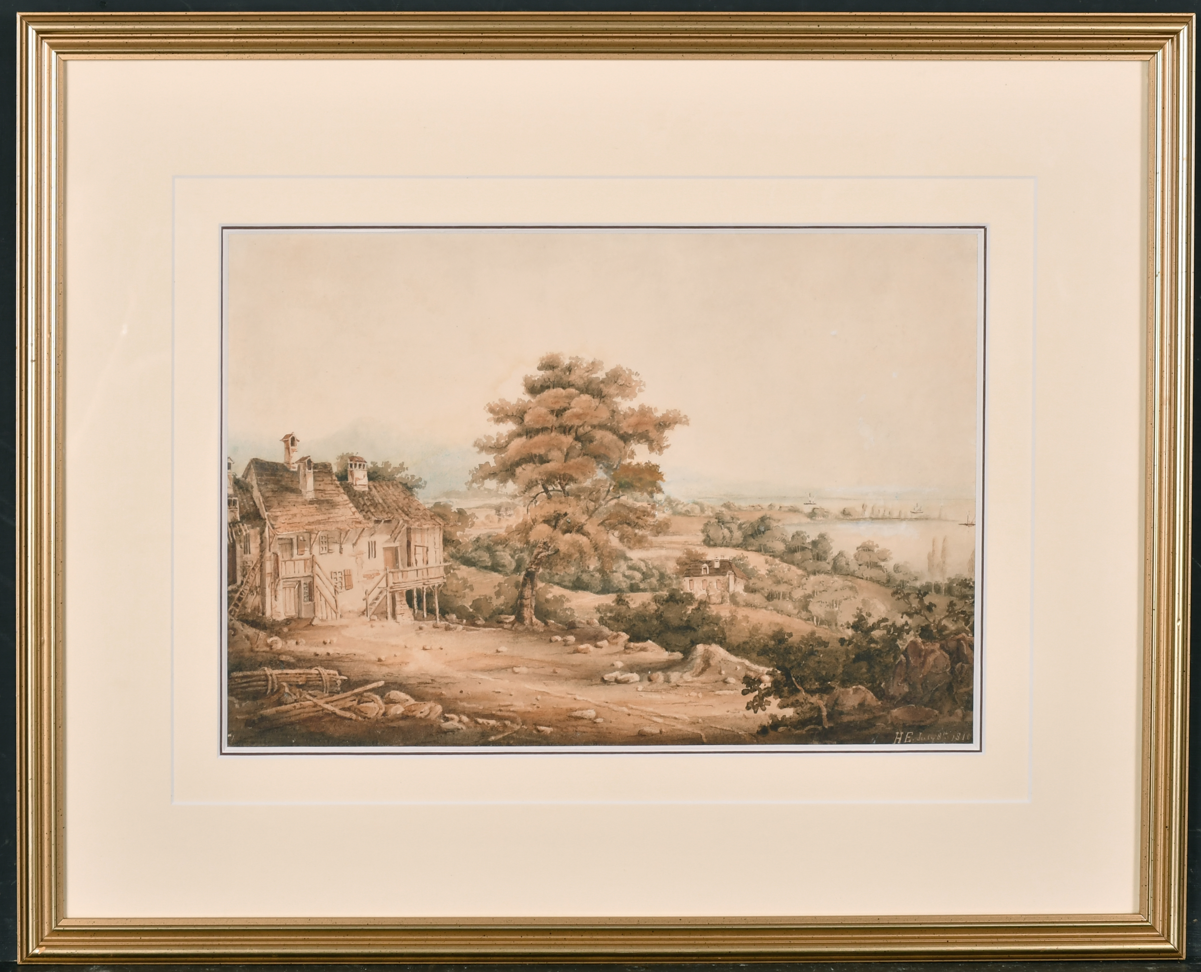 Henry Eldridge (1769-1821) British. A Coastal Landscape with a Hilltop Timber Framed House, - Image 2 of 4
