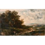 After John Constable (1776-1837) British. Figures in a Windswept Landscape, Oil on Panel,
