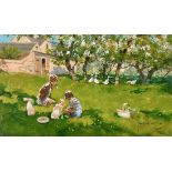 John Haskins (1938- ) British. Children with Rabbits in an Apple Orchard, Oil on Board, Signed, 8" x