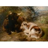 William Huggins (1820-1884) British. A Recumbent Cow and Calf, Oil on Board, Signed and Dated