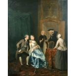 George van der Myn (1727/28-1763) Dutch. Elegant Figures in an Interior, Oil on Panel, Signed and