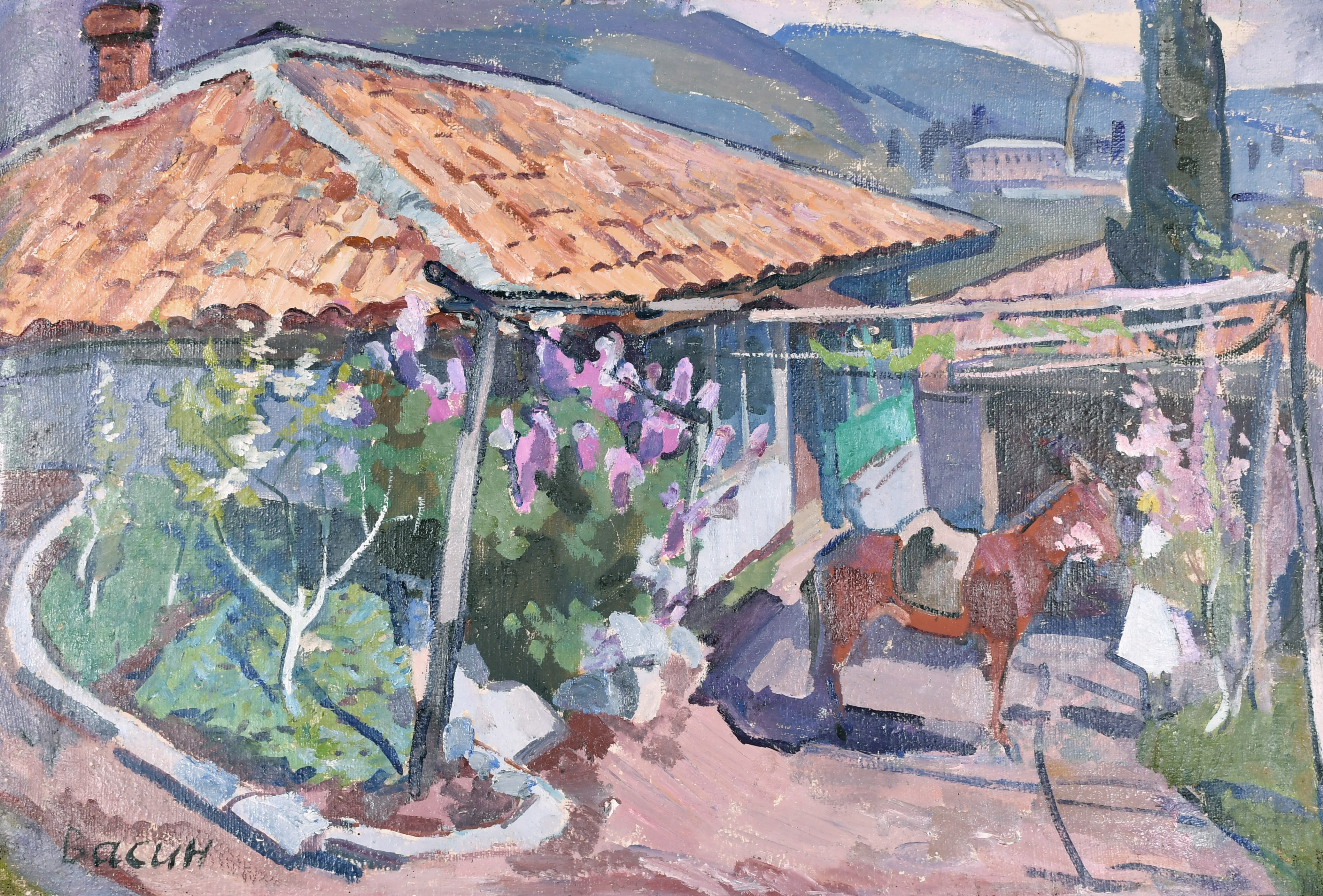Viktor Fedorovitch Vassine (1919 - 1997) Russian. "Yard in Crimea", Oil on unstretched Canvas,