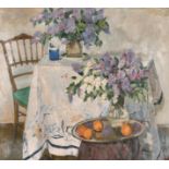 Efim Evseevich Rubin (1919 - 1992) Russian. "Still Life with Lilac", Oil on unstretched Canvas,