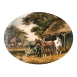 Samuel Joseph Clark (1841-1928) British. A Farm Scene with Horses, Cows and Chickens, Oil on Canvas,