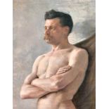 20th Century English School. Bust Portrait of a Naked Man with a Moustache, Oil on unstretched