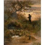 Charles James Lewes (1830-1892) British. A River Landscape with a Young Boy and Dog, Oil on Board,