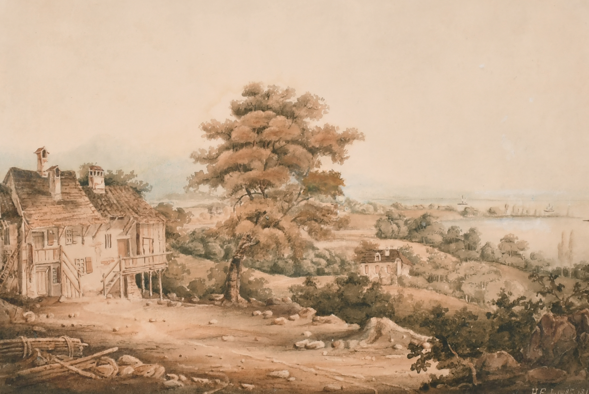 Henry Eldridge (1769-1821) British. A Coastal Landscape with a Hilltop Timber Framed House,