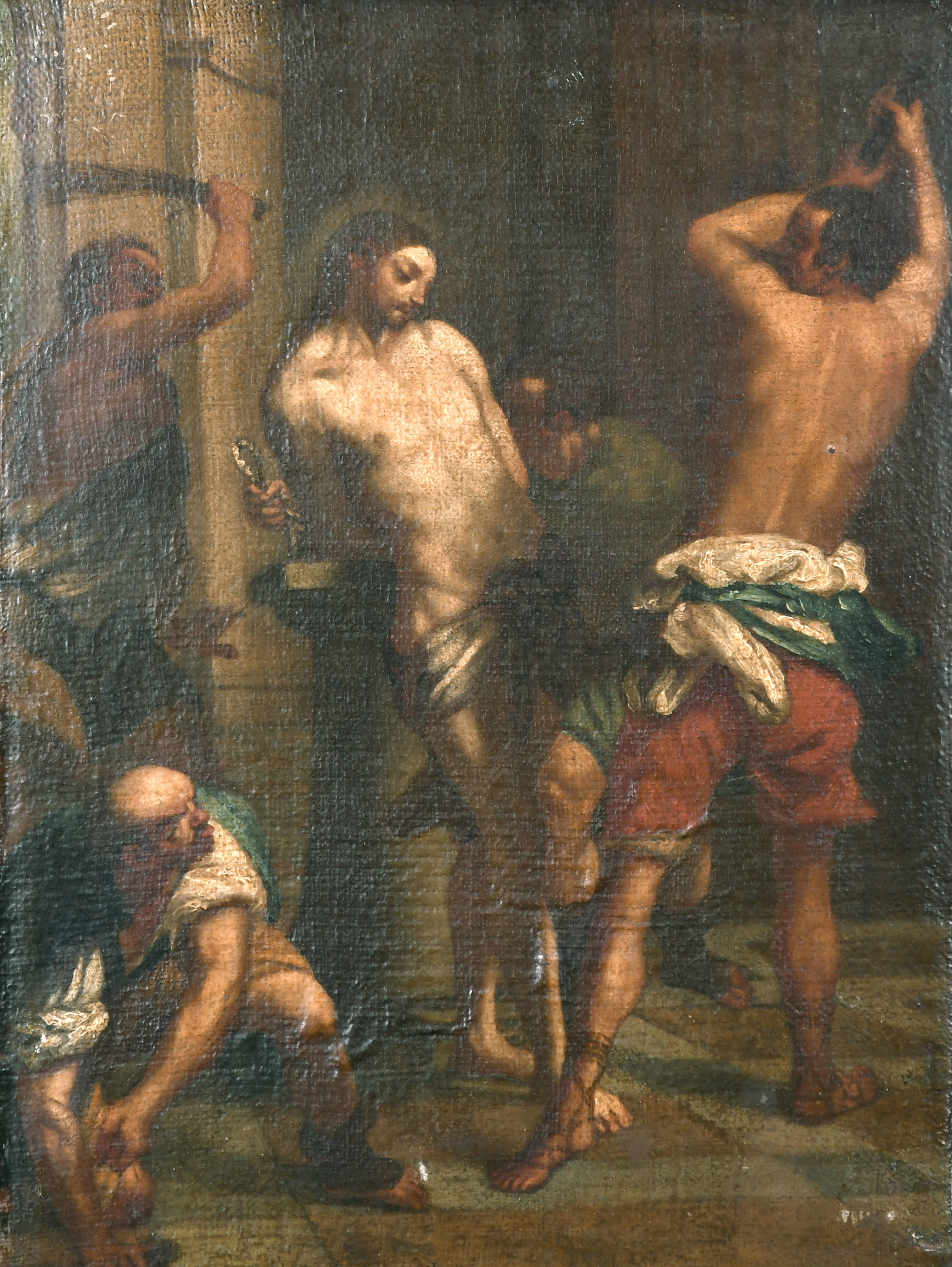 17th Century Italian School. 'The Flagellation of Christ', Oil on Canvas, Unframed, 16.25" x 12" (