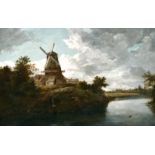 19th Century English School. A River Landscape with a Windmill, Oil on Canvas, 17" x 26" (43.2 x