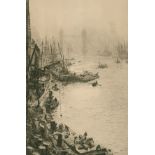 William Lionel Wyllie (1851-1931) British. "Work on the Thames with Tower Bridge beyond", Etching,