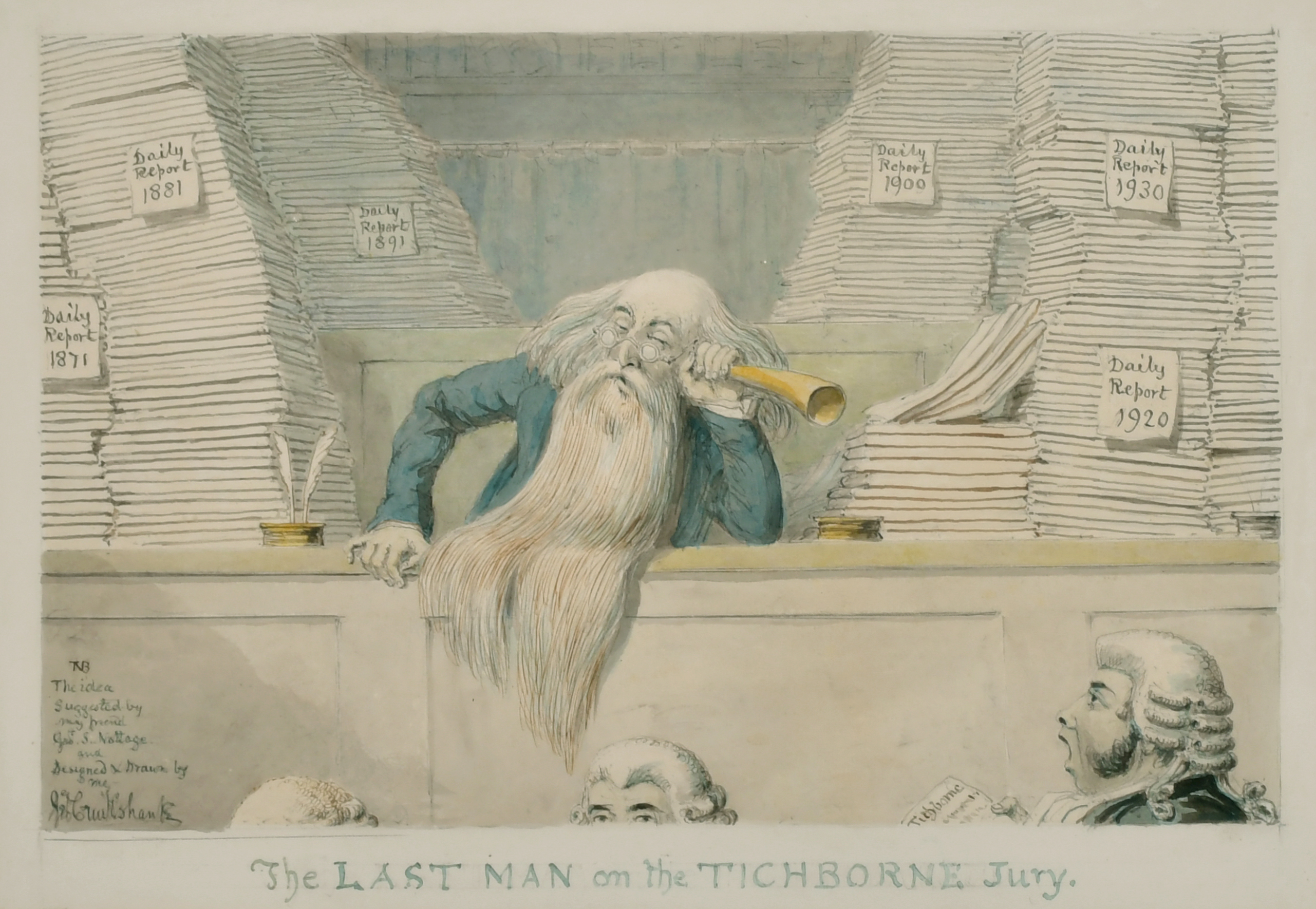 George Cruikshank (1792-1878) British. "The Last Man on the Tichborne Jury", Watercolour and Ink,