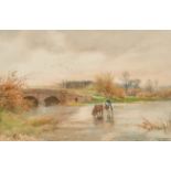 Henry Charles Fox (1855/60-1929) British. A Man with Plough Horses, by a Bridge, possibly Stopham
