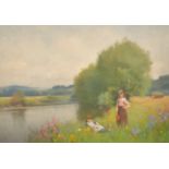 Benjamin D Sigmund (1857-1947) British. Girls Collecting Flowers in a Meadow on a Riverbank,