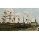 Robert Harris (1849-1919) Canadian. Boats in a Harbour, Oil on Board, Signed, and Signed in Pencil