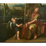 18th Century Flemish School. King David Playing a Harp with an Attendant, Oil on Panel, 23.75" x 28"