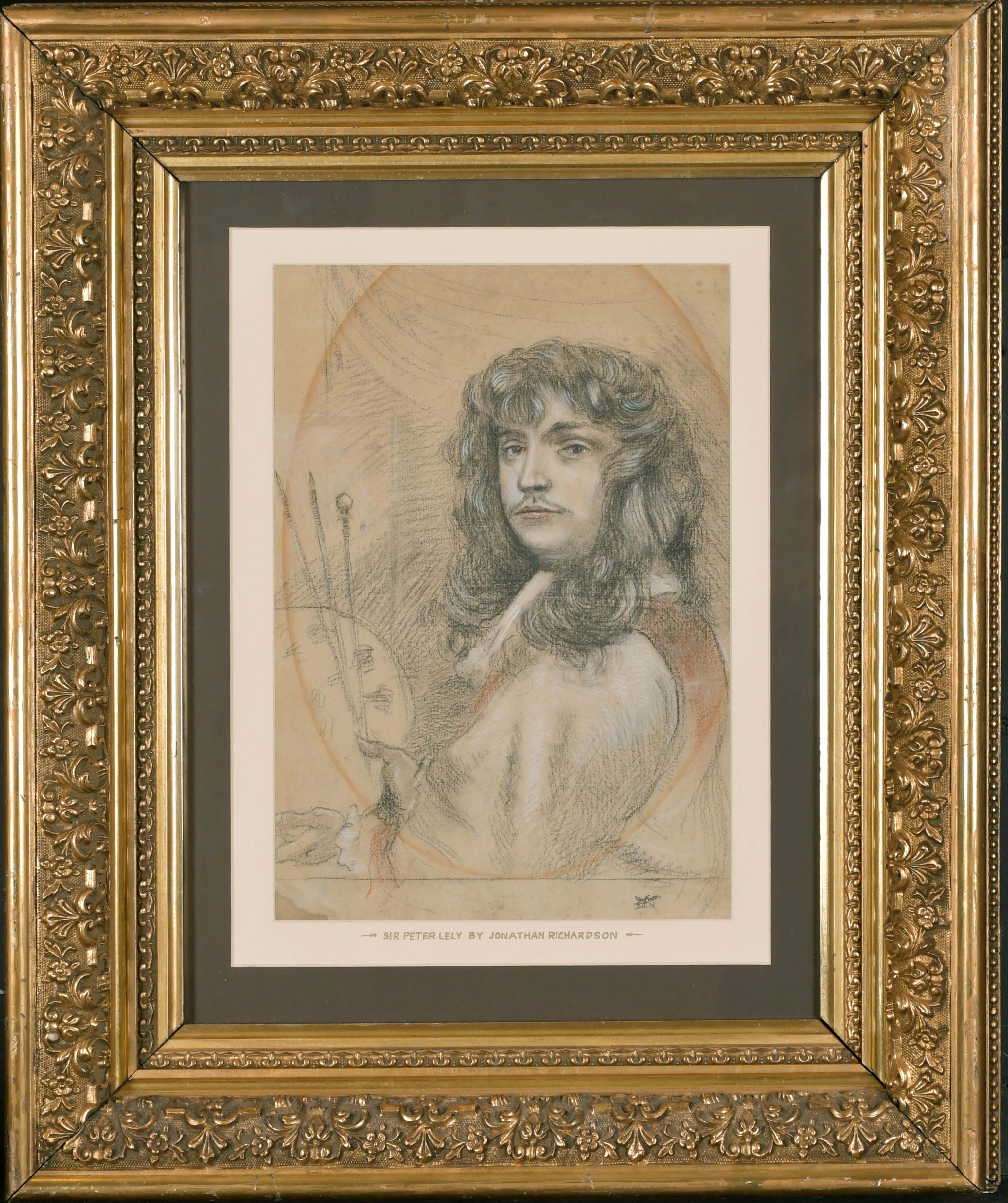 Jonathan Richardson (1665-1745) British. A Bust Portrait of Sir Peter Lely Holding his Palette and - Image 2 of 5