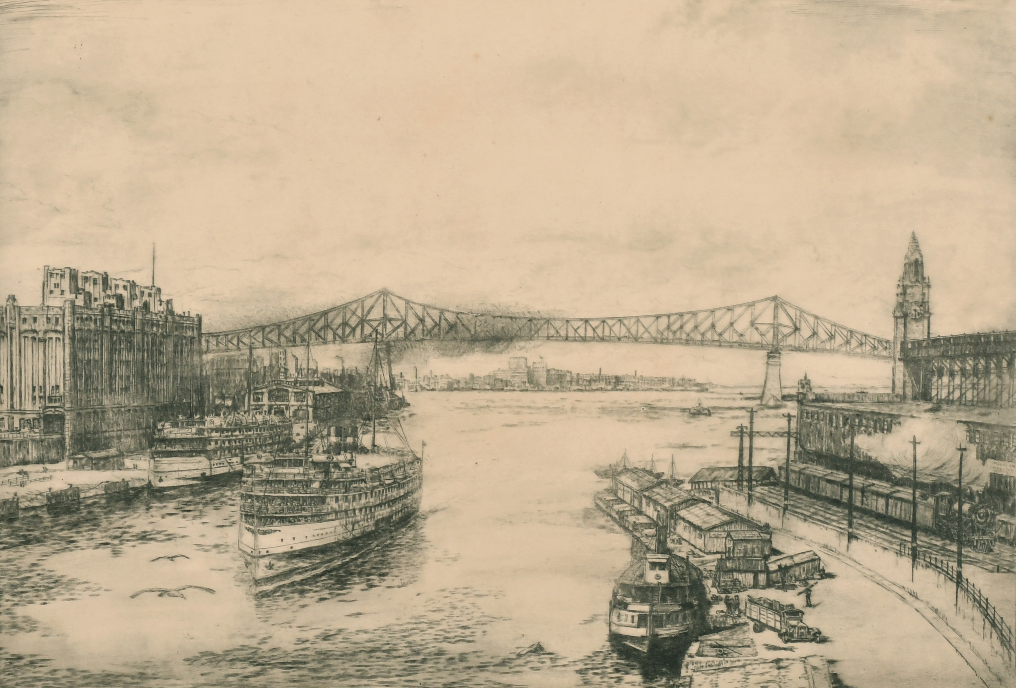 John H Yates (20th Century) Continental. "Victorian Dock & Harbour Bridge", Etching, Signed and