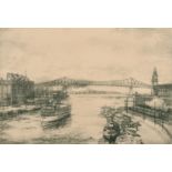 John H Yates (20th Century) Continental. "Victorian Dock & Harbour Bridge", Etching, Signed and