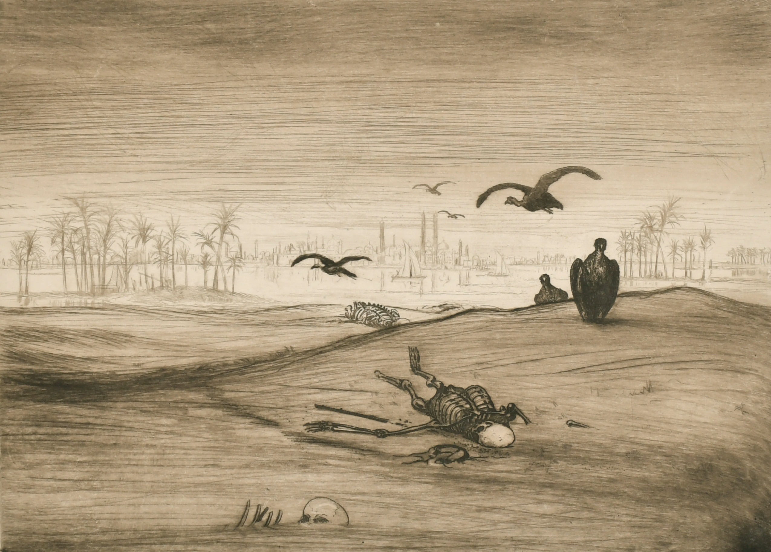 E. J. Burrow (19th ? 20th Century) British. A Desert Scene with Skeletons and Vultures, Etching,