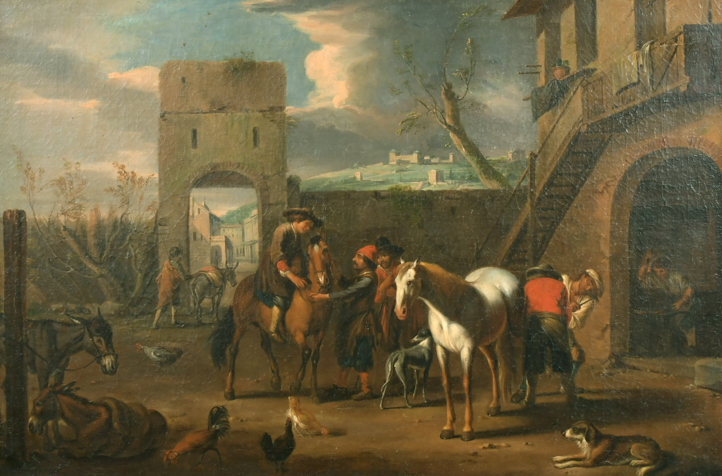 Circle of Jacob de Heusch (1657-1701) Dutch. Travellers at an Inn, Oil on Canvas, 16" x 23.5" (40.