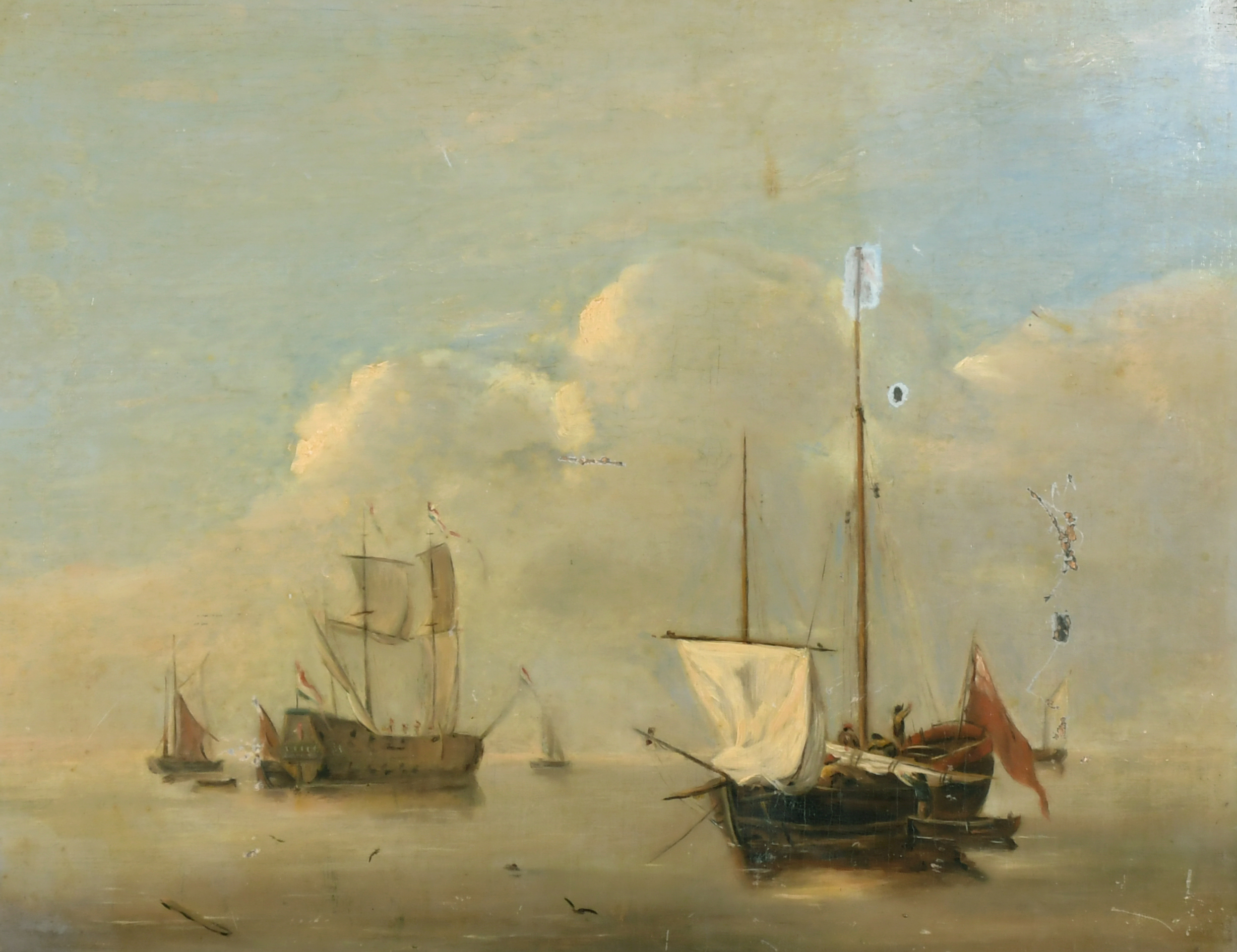 18th Century Dutch School. A Shipping Scene in Calm Waters, Oil on Panel, 10" x 12.75" (25.4 x 32.