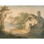 William Payne (c.1760-1830) British. A River Landscape with a Mother and Child by a Thatched