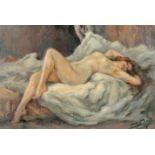 20th Century French School. A Reclining Female Nude, Oil on Canvas, Indistinctly Signed, 15" x 21.5"