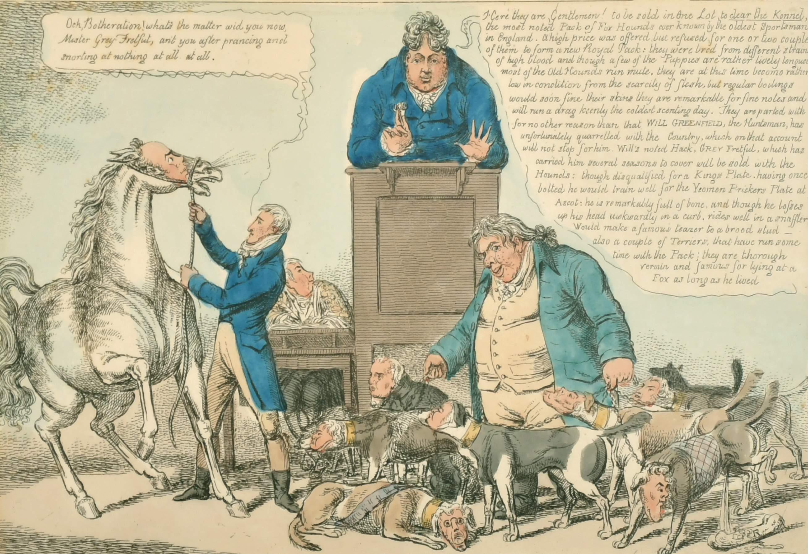 19th Century English School. "A Sale of Fox Hounds", Hand Coloured Etching, Published by William