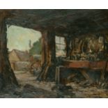 Adrian Hill (1995-1977) British. The Interior of a Barn, Oil on Artist's Board, Signed, 20" x 24" (