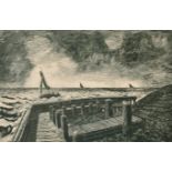 20th Century Dutch School. Boats by a Harbour, Woodcut, Indistinctly Signed and Inscribed, 18.5" x