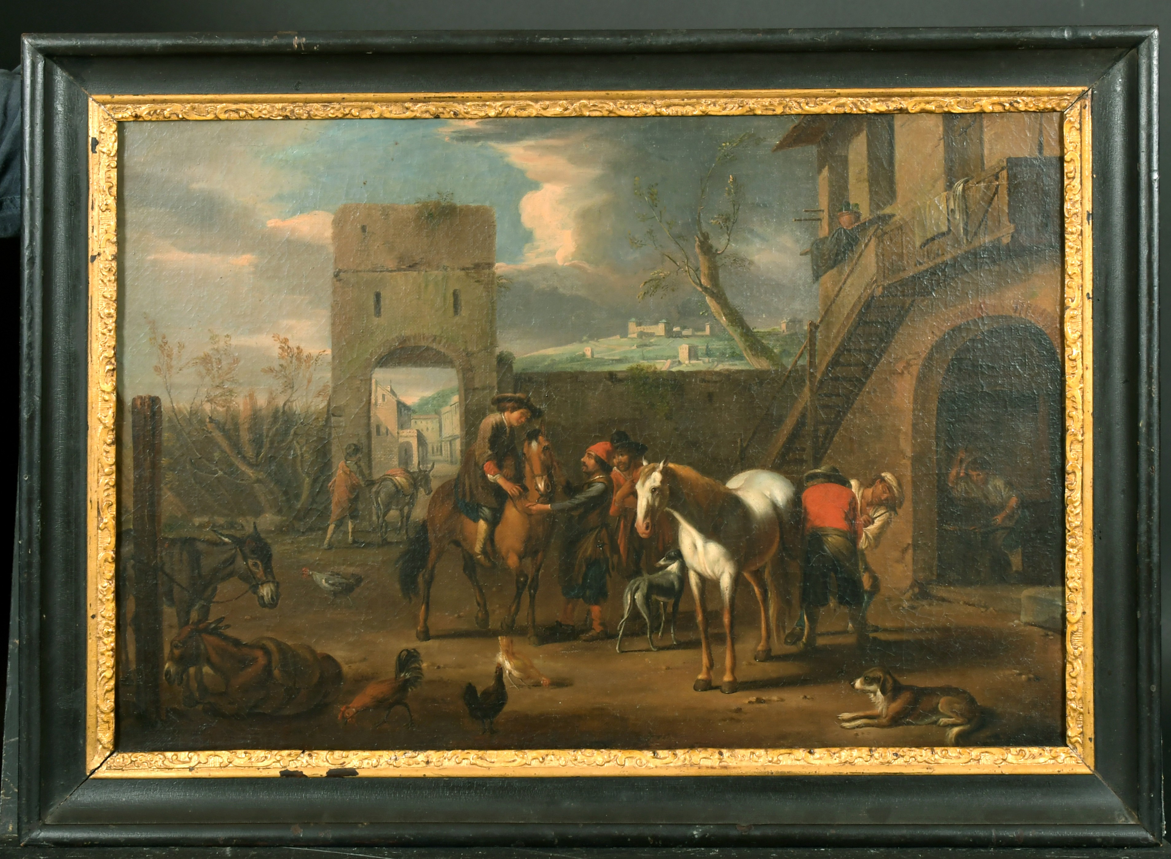 Circle of Jacob de Heusch (1657-1701) Dutch. Travellers at an Inn, Oil on Canvas, 16" x 23.5" (40. - Image 2 of 3