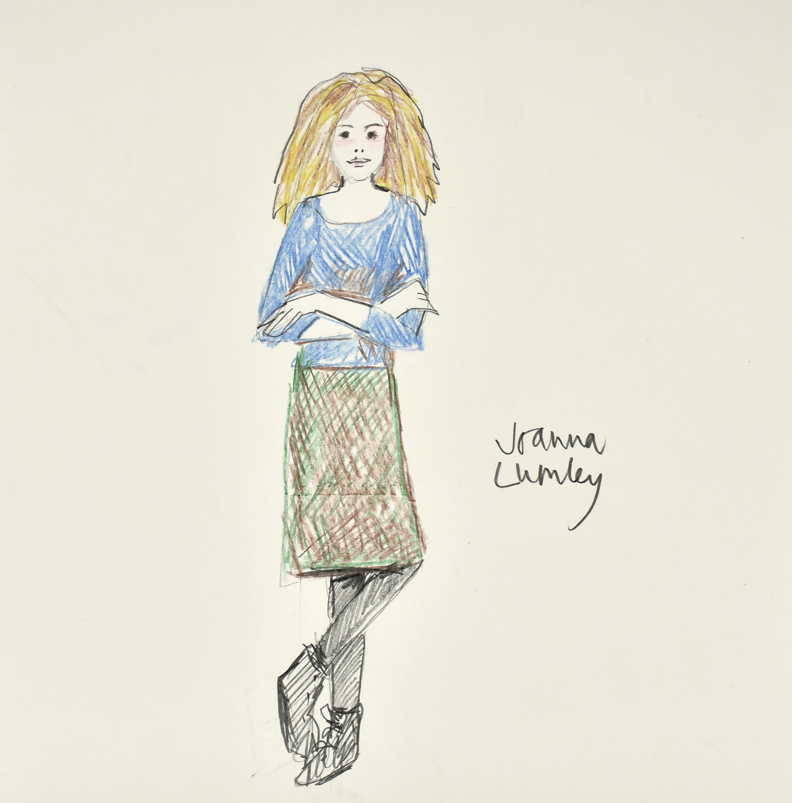 Joanna Lumley (Actor, b.1946). A Self Portrait, Pencil and Crayon, Signed, Unframed 9.75" x 9.75" (