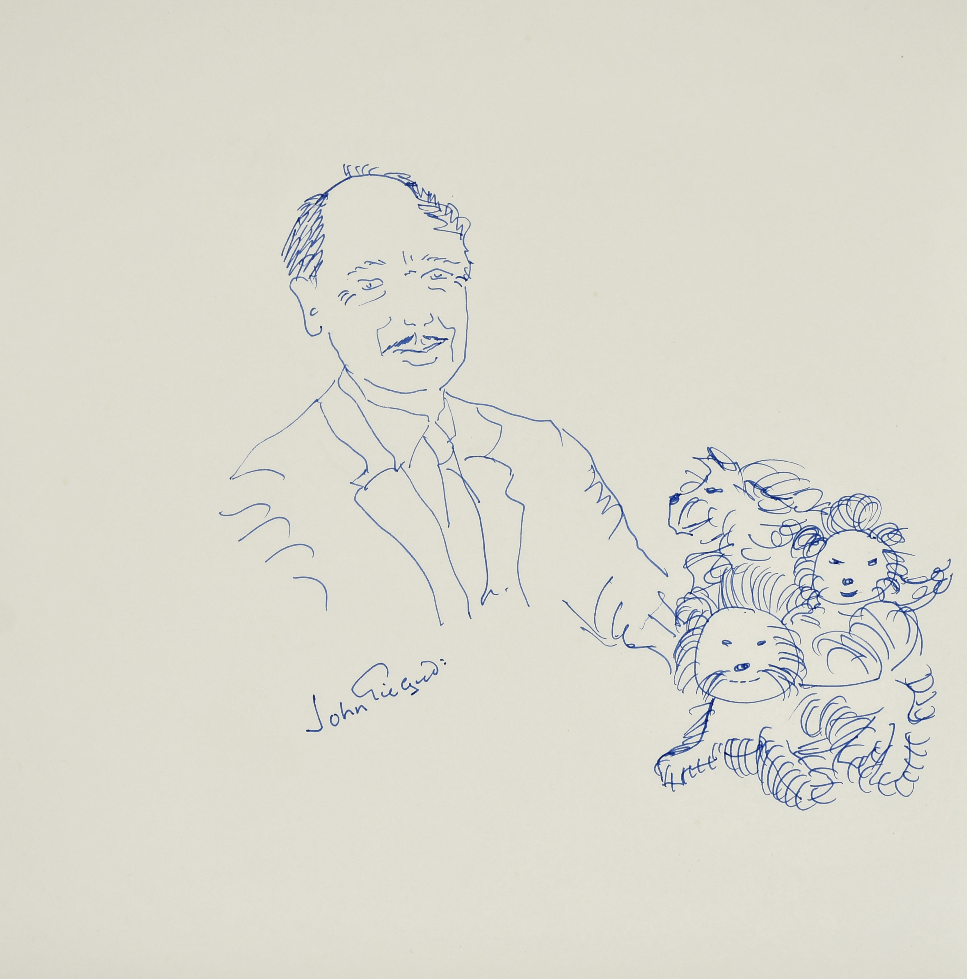 John Gielgud (Actor, 1904-2000). A Self Portrait, with three Dogs, Ink, Signed, Unframed 9.75" x 9.