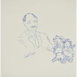 John Gielgud (Actor, 1904-2000). A Self Portrait, with three Dogs, Ink, Signed, Unframed 9.75" x 9.