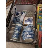 Box of blue and white spode wares.
