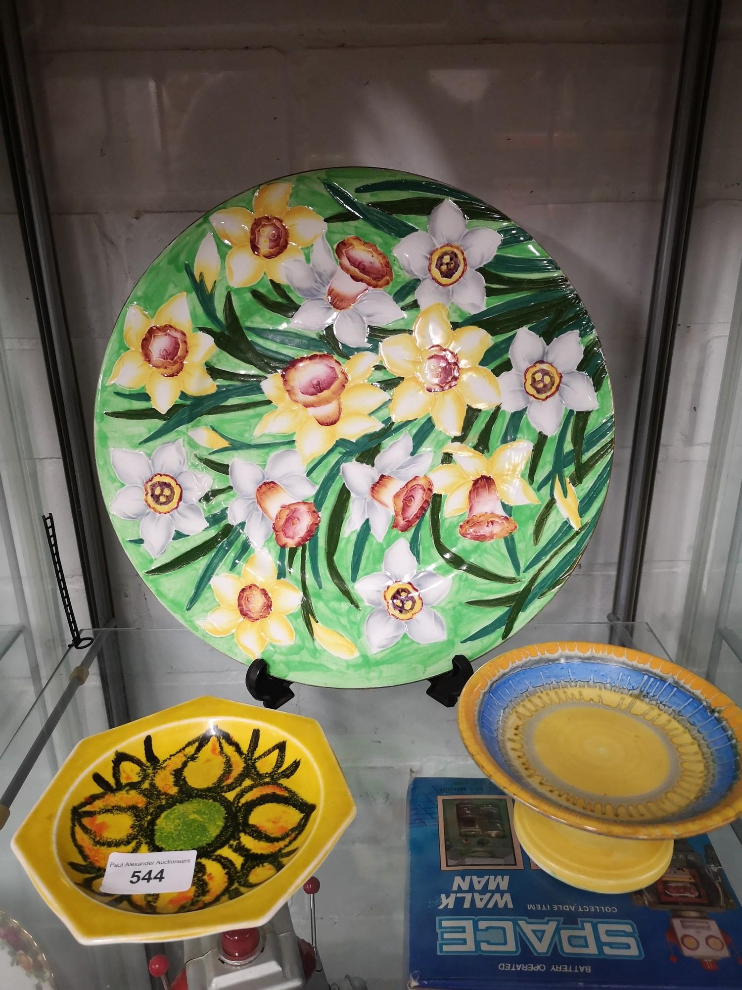 Maling porcelain lustre charger in daffodil pattern, shelley Comport together with Poole pottery