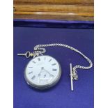 Silver Hall marked gents open faced pocket watch with Albert chain and key, working order.