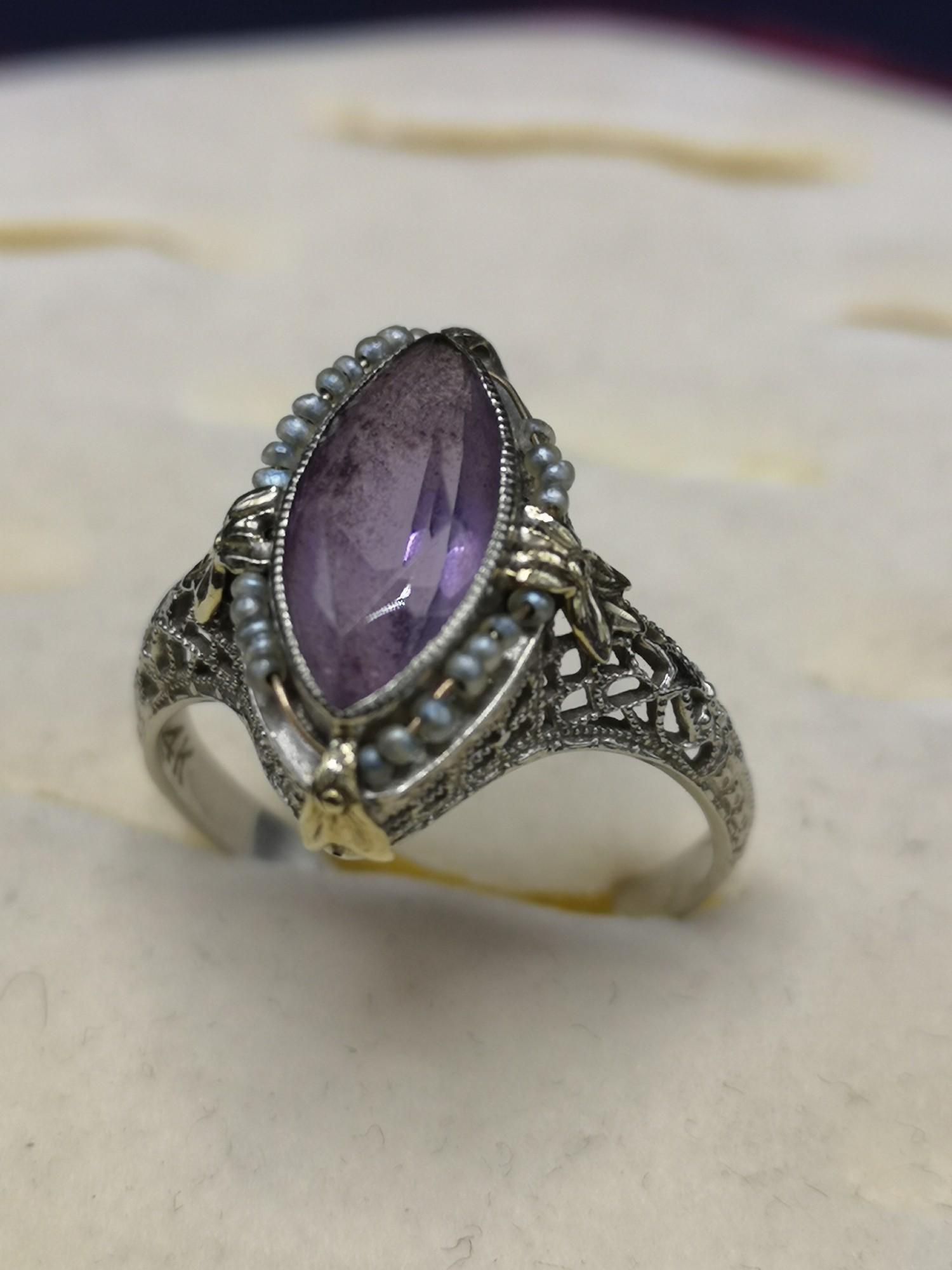 14k white gold art deco ring set in ameymst. 3 grams. Does have damage. - Image 2 of 3