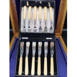 Silver Hall marked sheffield bladed and collard forks and knifes with ivory handles. Maker CB&S.