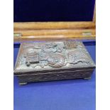 Oriental bronze / brass box depicting dragon, storks to side.