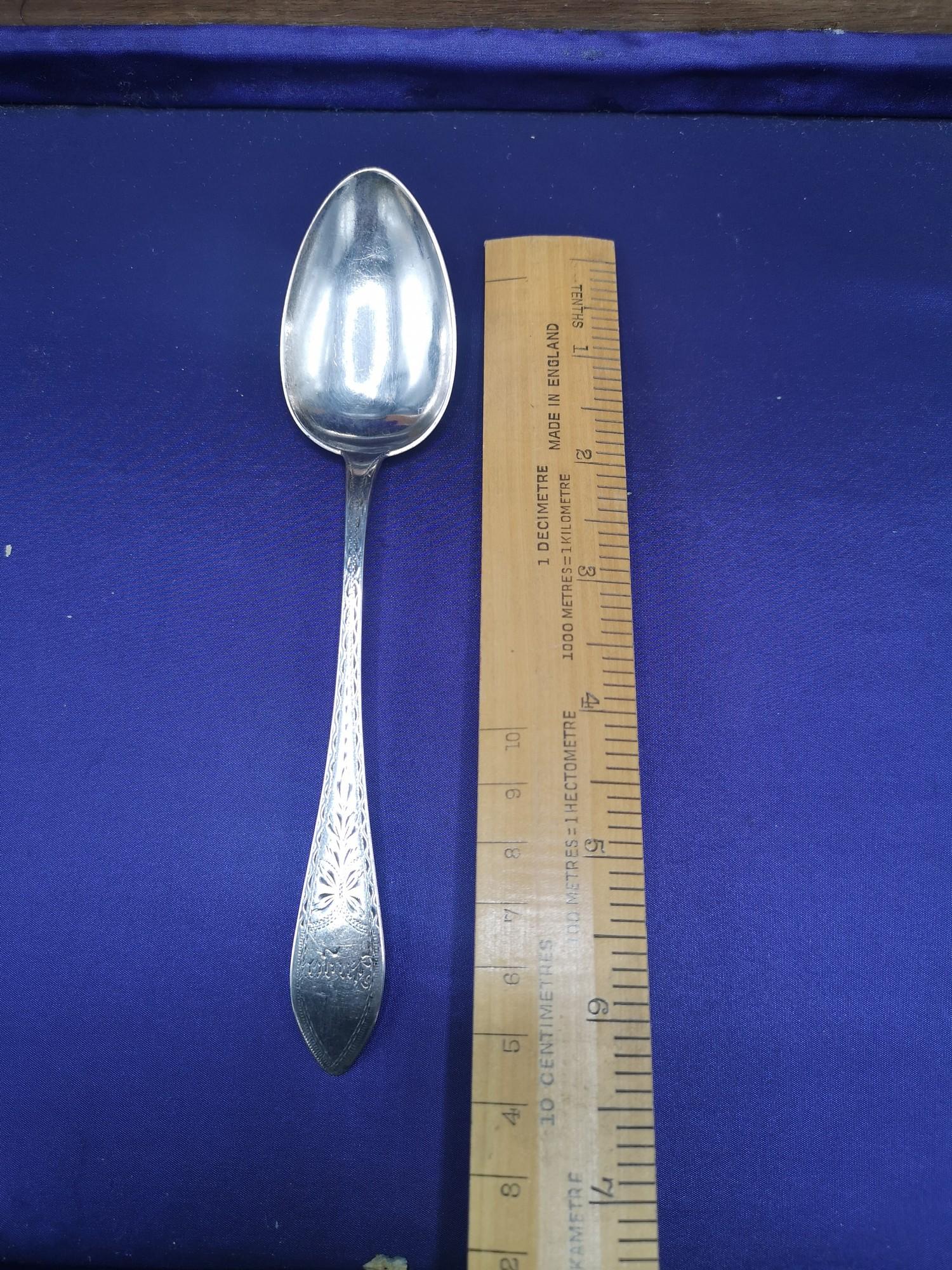 Large Danish silver Hall marked desert spoon maker Christian F Heise dated 1913.