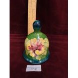 Rare Moorcroft Hibiscus pattern Bell on Green Ground Signed W Moorcroft.