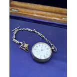 Silver Hall marked pocket watch with Albert chain and key.