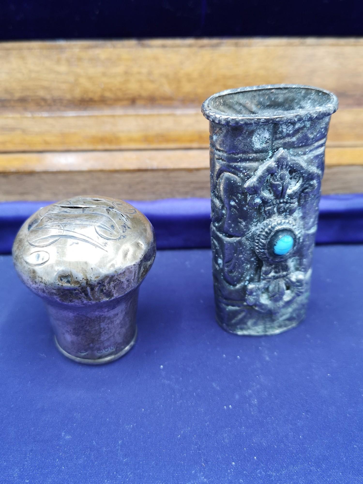 Silver Hall marked Walking Stick top together with white metal small vase with blue insert.
