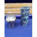 Silver Hall marked Walking Stick top together with white metal small vase with blue insert.