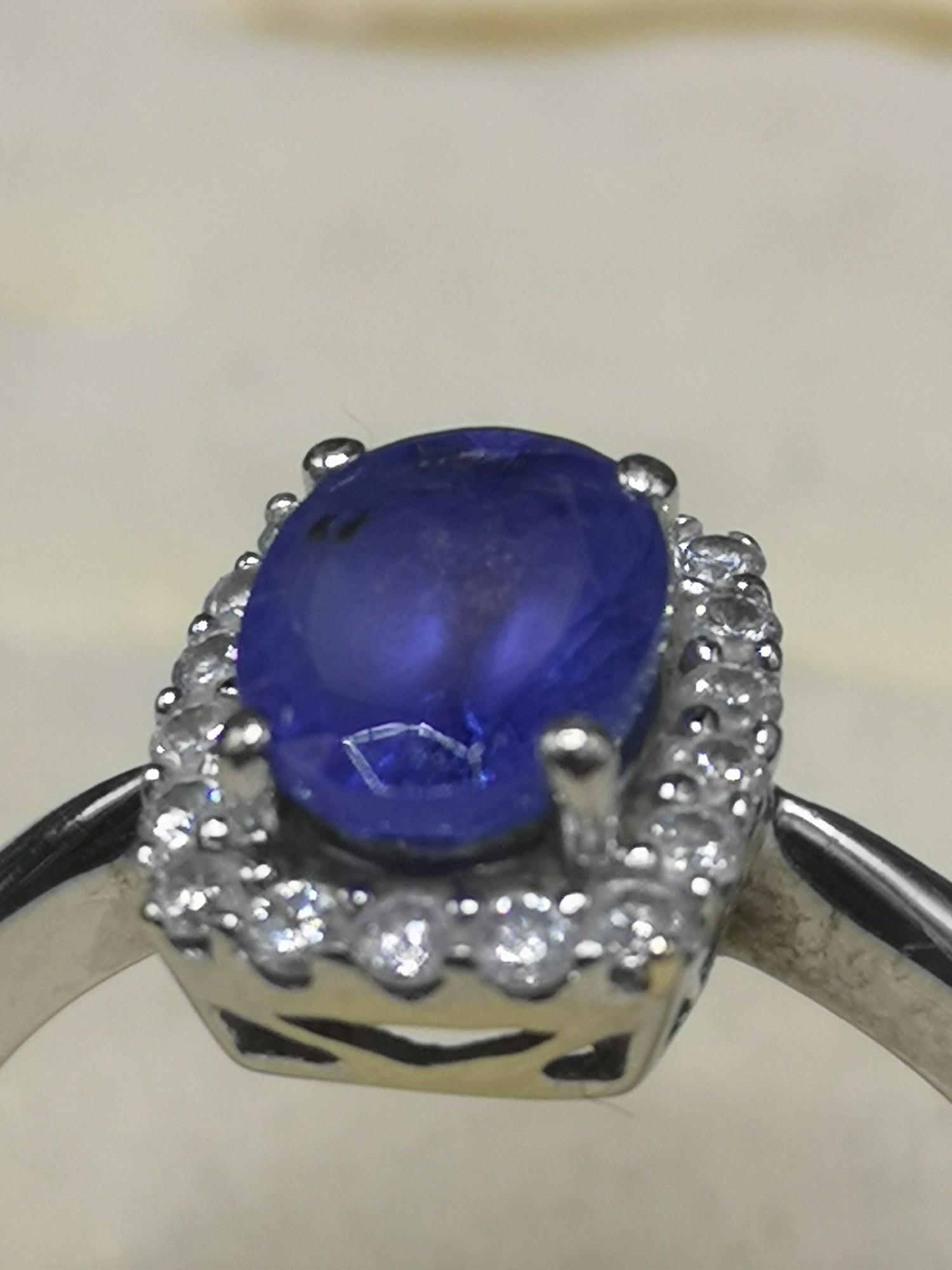 14kt white gold diamond and blue stone ring. 3.3 grams. - Image 2 of 2