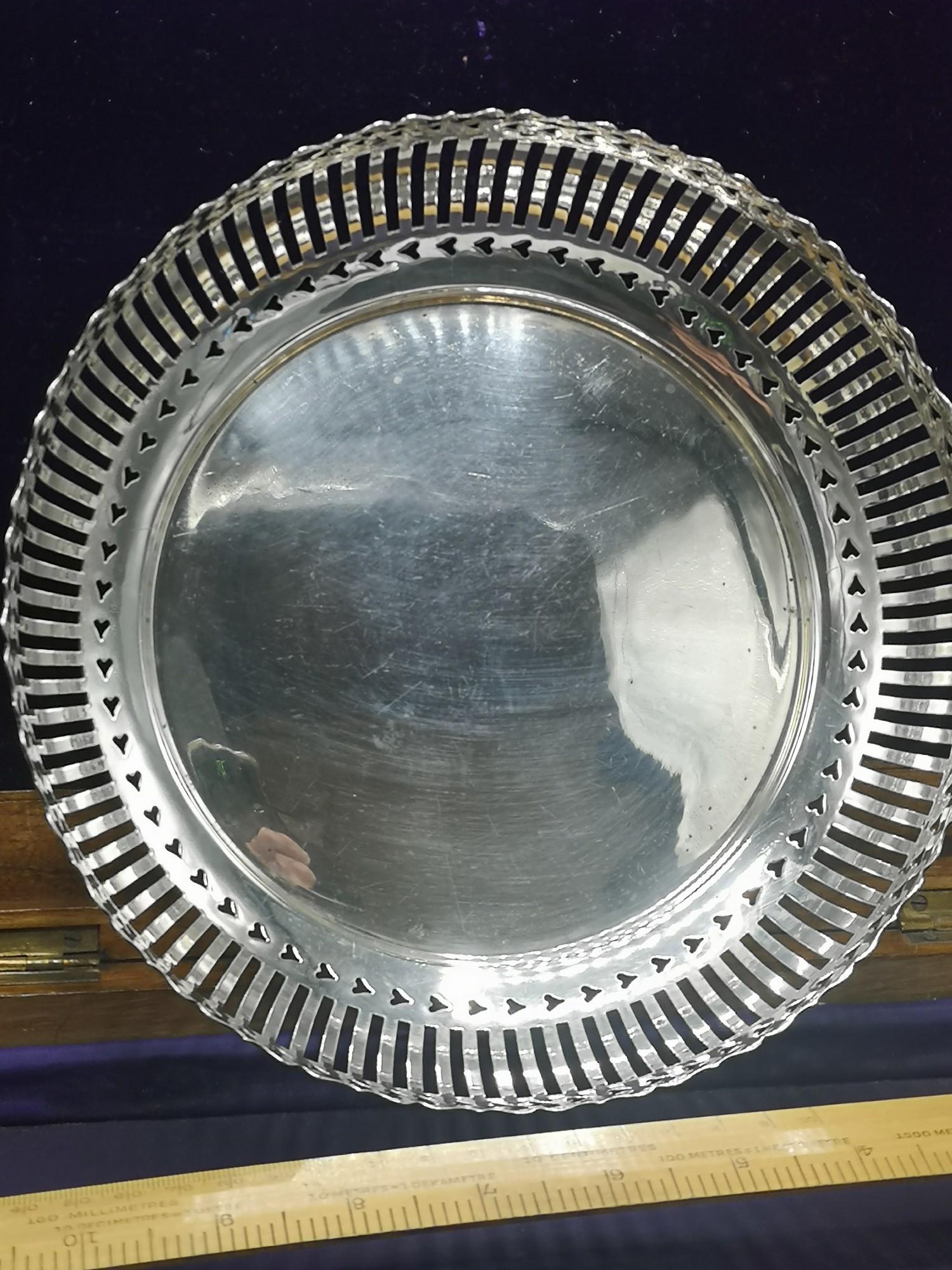 Large silver Hall marked chester pierced bowl markers Cc. 380 grams.. Approximately 22 cm in length.