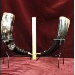 Pair Of Arts And Crafts Horn Drinking Vessels With Brass Mounts & Stands