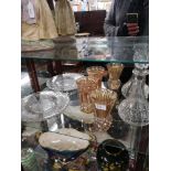 Shelf of glass Wares to include carnival glass vases.