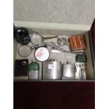 Box Of Collectables Including Magnifying Glasses Hip Flasks Silver Handled Item Ect